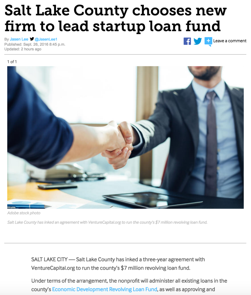 VentureCapital.org featured in the Deseret News for winning a contract to run Salt Lake County's $7 million revolving loan fund. (Link to the original story: http://bit.ly/2cAhYbD.)